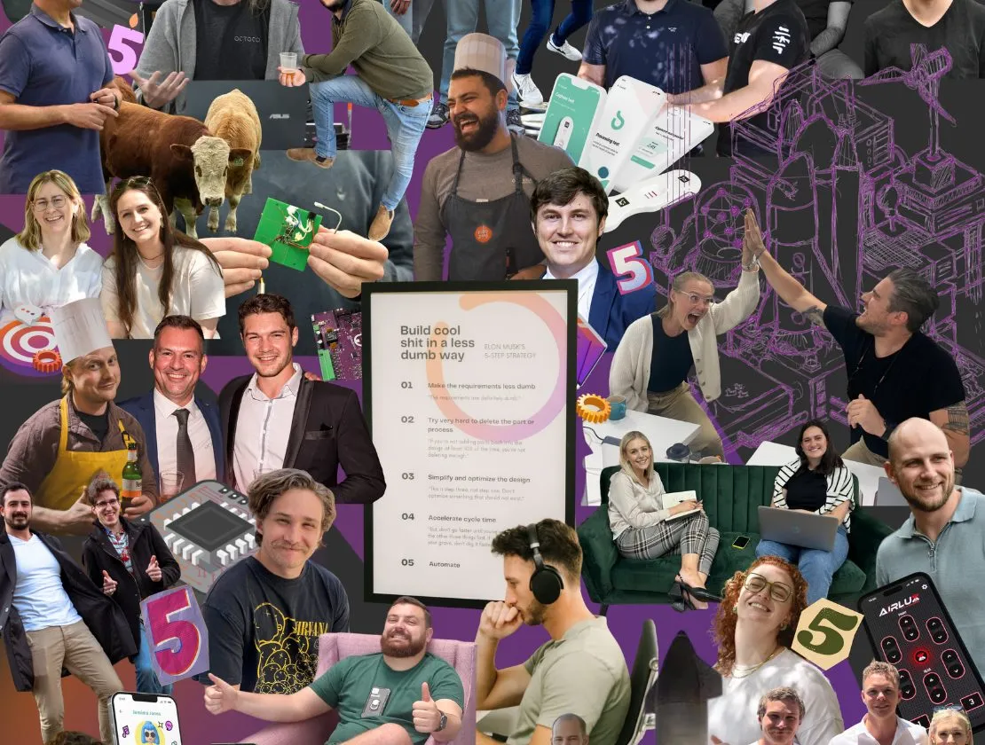 A collage of Octoco team photographs from the first five years, with a large 5