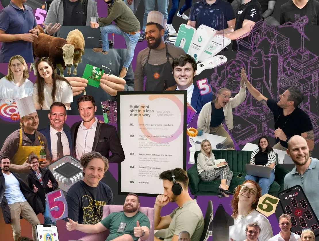 A collage of Octoco team photographs from the first five years, with a large 5