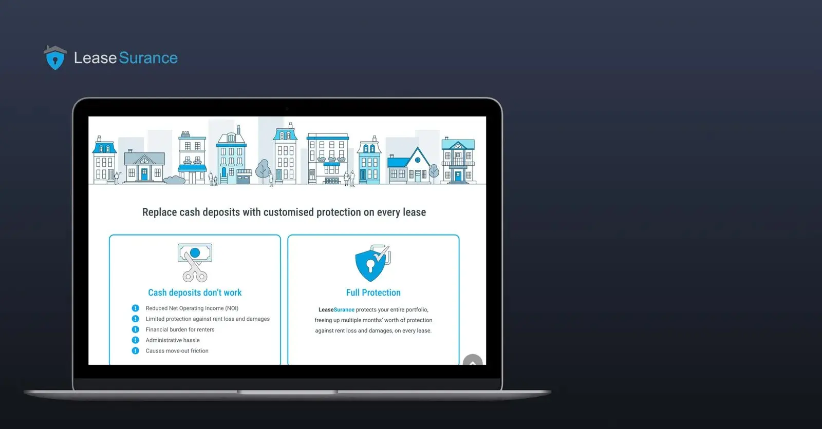 A laptop showing the LeaseSurance platform’s landlord dashboard