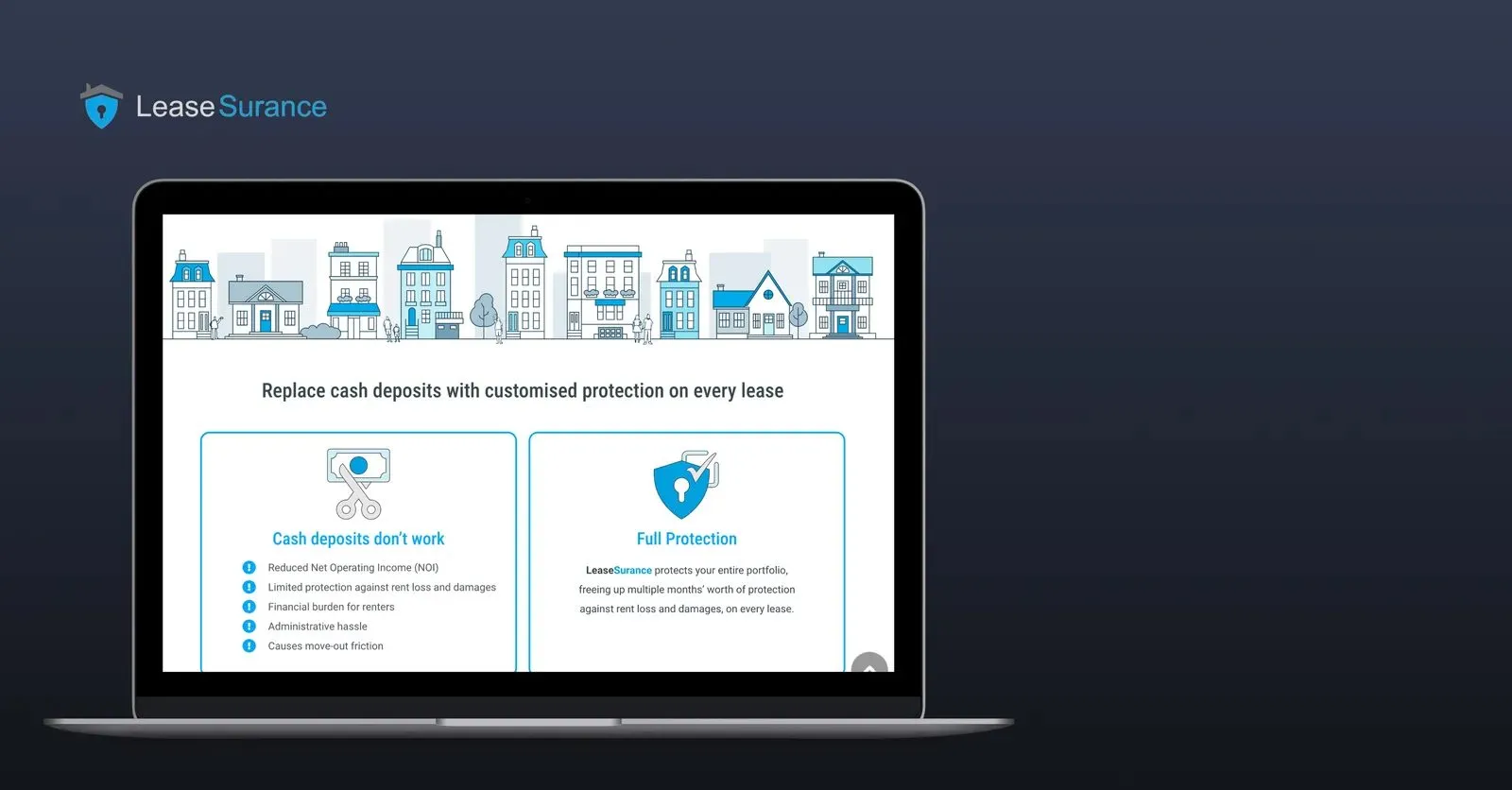 A laptop showing the LeaseSurance platform’s landlord dashboard