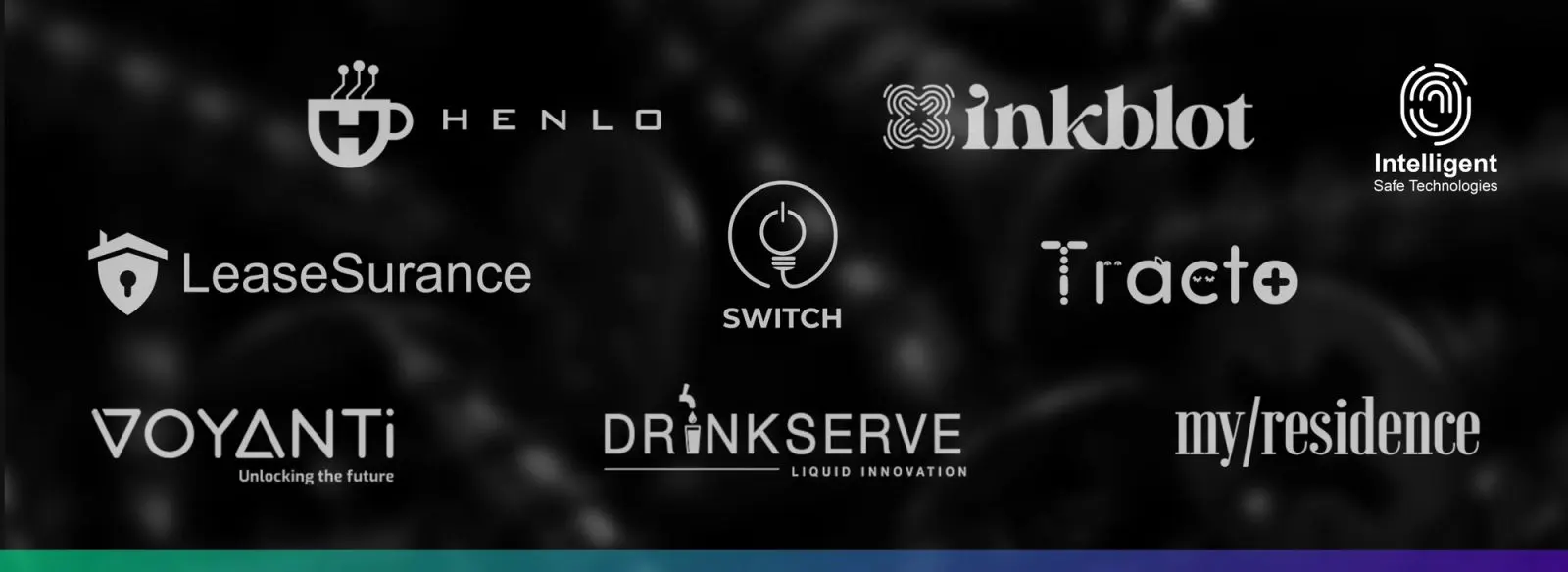 Logos of the startups in the Yenza portfolio, including LeaseSurance, Switch, Inkblot and Tracto