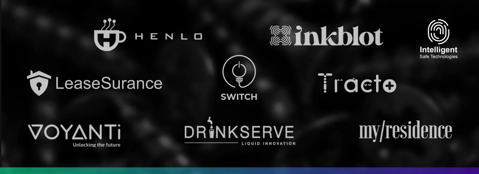 Logos of the startups in the Yenza portfolio, including LeaseSurance, Switch, Inkblot and Tracto